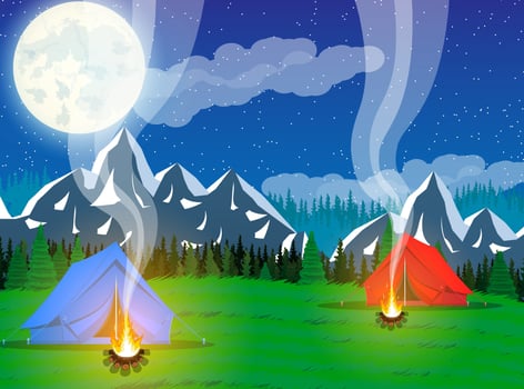 Meadow with grass and camping in night. Tent, bonfire, flowers, mountains, trees, sky, moon and stars. Vector illustration in flat style