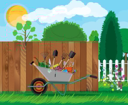 Gardening tools set. Equipment for garden. Saw bucket ax wheelbarrow hose rake can shovel secateurs gloves boots. Wooden fence, flower, grass, tree, sky, cloud. Vector illustration in flat style