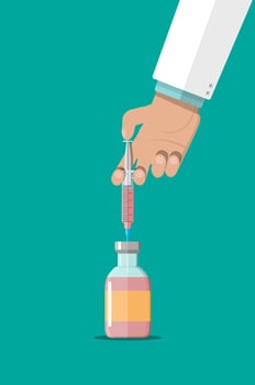 Ampoule and syringe with medicament in hand of doctor. Vaccination concept. Healthcare, hospital and medical diagnostics. Vector illustration in flat style