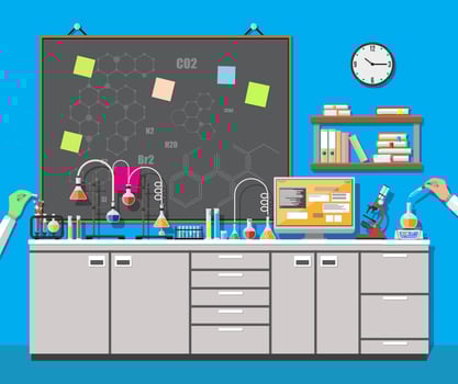 Science Experiment in laboratory. Lboratory equipment, jars, beakers, flasks, microscope, spirit lamp, scales, computer. Biology science education medical vector illustration in flat style
