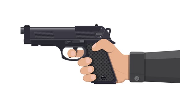 Pistol gun, automatic modern handgun in hand. Hand weapon. Vector illustration in flat style