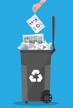 Trash recycle bin container for garbage full of paper. Bin for papers. Vector illustration in flat design