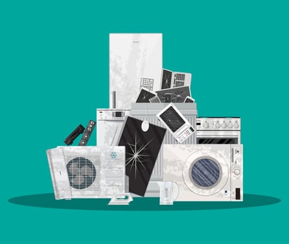 E-waste electrical and electronic equipment pile. Computer and home electronic waste stack. Trash, recycling, ecology. Vector illustration in flat style