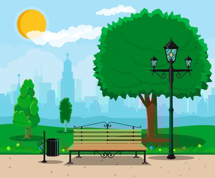 City park concept, wooden bench, street lamp, waste bin in square. Cityscape with buildings and trees. Sky with clouds and sun. Leisure time in summer city park. Vector illustration in flat style