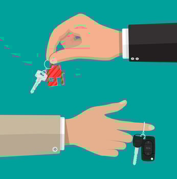 Hand holds metal key with keychain house and car key with alarm system. Buy, rental or lease a house or car. Vector illustration in flat style