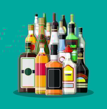Alcohol drinks collection. Bottles with vodka champagne wine whiskey beer brandy tequila cognac liquor vermouth gin rum absinthe sambuca cider bourbon. Vector illustration in flat style.