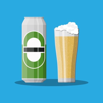 Can of beer with glass. Beer alcohol drink. Vector illustration in flat style