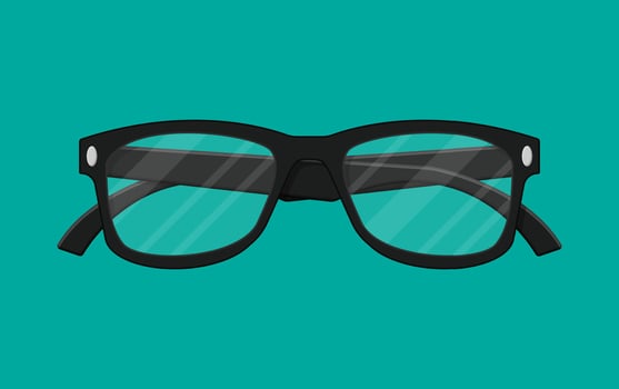 Plastic framed glasses isolated on green. Retro style eyewear. Reading eye glasses in flat style. Accessory for eye protection. Vector illustration