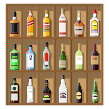 Alcohol drinks collection. Bottles on shelf. Vodka champagne wine whiskey beer brandy tequila cognac liquor vermouth gin rum absinthe sambuca cider bourbon. Vector illustration in flat style.