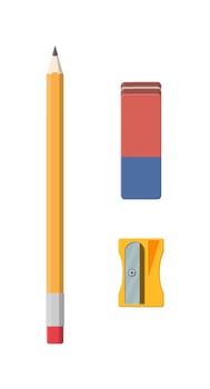 Black pencil, sharpener and eraser. Stationery set. Office supply. Vector illustration, flat style pencil
