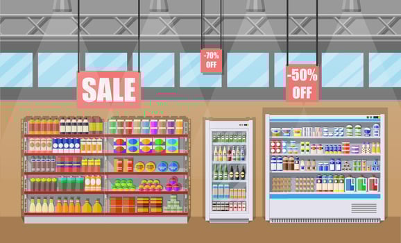 Supermarket store interior with goods. Big shopping mall. Interior store inside. Grocery, drinks, food, fruits, dairy products. Vector illustration in flat style