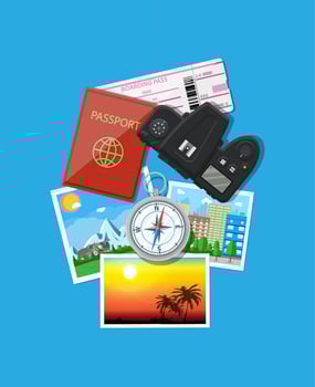 Travel concept. Photo camera and photos, compass, passport and boarding pass. Planning trip. Vector illustration in flat style