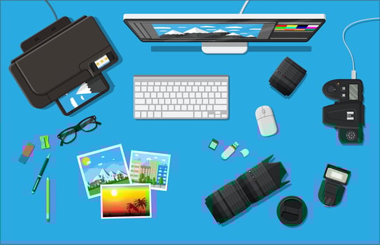 Workspace of photographer. Desktop pc, printer. Modern photo camera, flash, lens and memory card. Professional device for photography. Digital photos and printing. Vector illustration in flat style