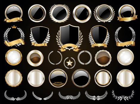 Gold and silver shields laurel wreaths and badges vector