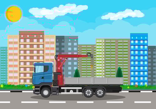 Truck with crane and platform. Cargo delivery truck. Vehicle for construction and building. Car for transport. Trailer vehicle. Cityscape, road, buildings, tree, sky. Vector illustration in flat style