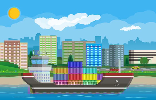 River ocean and sea freight shipping by water. Cityscape with road, car, buildings. Background with blue sky and clouds. Sea port logistics and delivery. Vector illustration in flat style