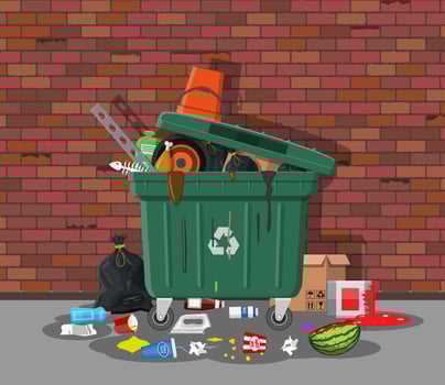 Plastic garbage bin full of trash. Overflowing garbage, food, rotten fruit, papers,containers and glass. Garbage recycling and utilization equipment. Waste management Vector illustration in flat style