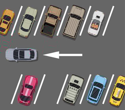 City parking lot with different cars. Shortage parking spaces. Parking zone top view with various vehicles. Sedan, roadster, suv, sport car, pickup. Vector illustration in flat style