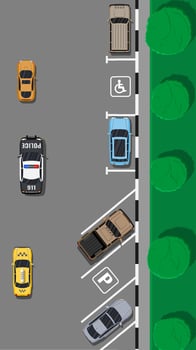 City parking lot with different cars. Shortage parking spaces. Parking zone top view with various vehicles. Sedan, roadster, suv, sport car, pickup. Vector illustration in flat style