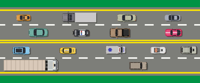 Collection of various vehicles on road. Roadster, taxi, police SUV, ambulance, sedan, truck. Car for transportation, cargo and emergency services. Highway top view. Vector illustration in flat style