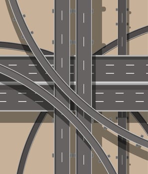 Modern roads and transport. Top view. Road and highway junction. Intersections and overpasses. Above view. Vector illustration in flat style