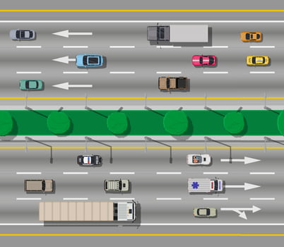Collection of various vehicles on road. Roadster, taxi, police SUV, ambulance, sedan, truck. Car for transportation, cargo and emergency services. Highway top view. Vector illustration in flat style