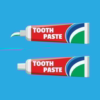 Tube with squeezed paste. Package with tooth paste. Dental equipment. Hygiene and oralcare. Vector illustration in flat style