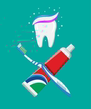 Toothbrush, toothpaste in tube. Brushing teeth. Dental equipment. Hygiene and oralcare. Vector illustration in flat style