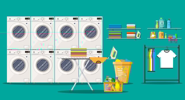 Laundry room interior with washing machine, ironing board, iron, clothes rack, household chemistry cleaning, washing powder and basket. Vector illustration in flat style