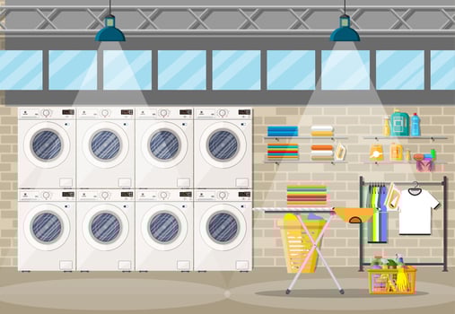Laundry room interior with washing machine, ironing board, iron, clothes rack, household chemistry cleaning, washing powder and basket. Brick wall, windows and lamp. Vector illustration in flat style