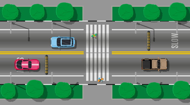 Pedestrian crossing with speed bump. Vehicles on road. Cars waiting for people to cross the street. Traffic regulations. Rules of the road. Highway top view. Vector illustration in flat style