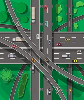 Modern roads and transport. Top view. Road and highway junction. Intersections and overpasses. Roadster, taxi, police SUV, ambulance, sedan, truck. Above view. Vector illustration in flat style