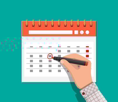 Paper spiral wall calendar and hand with pen. Save the date. Calendar flat icon. Schedule, appointment, organizer, timesheet, important date. Vector illustration in flat style