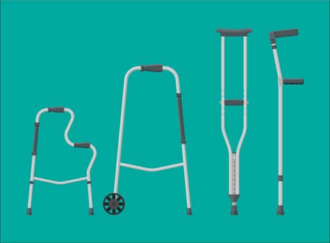 Set of mobility aids. Walker, crutches, quad cane, forearm crutches. Goods for disabled people. Healthcare, hospital and medical diagnostics. Vector illustration in flat style