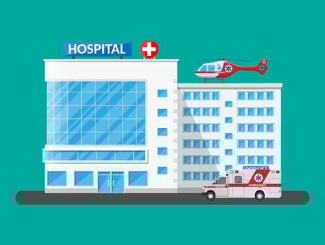 Hospital building, medical icon. Healthcare, hospital and medical diagnostics. Urgency and emergency services. Car and helicopter. Vector illustration in flat style