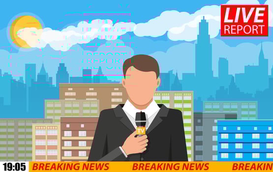 News announcer in the studio. Cityscape with buildings, clouds, sky, sun. Journalism, live report, breaking hot news, television and radio casts concept. Vector illustration in flat style