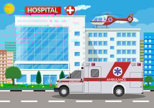 Hospital building, medical icon. Healthcare, hospital and medical diagnostics. Urgency and emergency services. Road, sky, sun, tree. Car and helicopter. Vector illustration in flat style