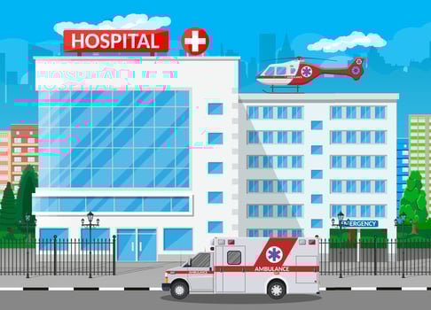 Hospital building, medical icon. Healthcare, hospital and medical diagnostics. Urgency and emergency services. Road, sky, tree. Car and helicopter. Vector illustration in flat style