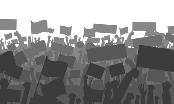 Silhouette of cheering or protesting crowd with flags and banners. Protest, revolution, conflict. Vector illustration
