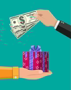 Gift box and money in hand. Colorful wrapped. Sale, shopping. Present boxes different sizes with bows and ribbons. Collection for birthday and holiday. Vector illustration in flat style