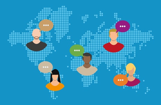 World map with people avatars. Social netwroking. Male and female faces avatars. Discussion group, people talking. Communication, chat, assistance. Vector illustration in flat style