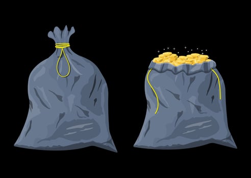 Sack with gold coins. Cloth fabric money bag. Stacks of golden coins. Concept of savings, donation, paying. Vector illustration in flat style