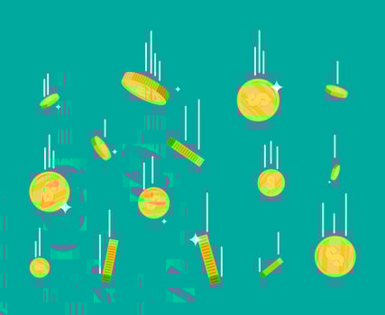 Falling gold coins. Money rain. Golden coins with dollar sign. Growth, income, savings, investment. Symbol of wealth. Business success. Flat style vector illustration.
