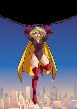 Superheroine Holding Boulder Above City vector