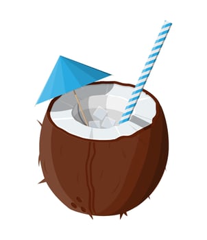 Half coconut on white. Cold drink milk, alcohol cocktail. Umbrella and ice cubes. Refreshment beach drink with straw. Vector illustration in flat style