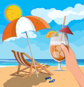 Glass of drink cocktail in hand. Landscape of wooden chaise lounge, umbrella, flip flops on beach. Sun with reflection in water and clouds. Day in tropical place. Vector illustration in flat style