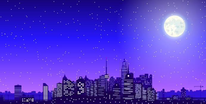 City skyline silhouette at dusk. Skyscappers, towers, office and residental buildings. Cityscape under night sky and moon. Vector illustration