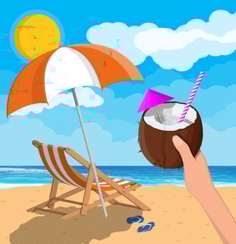 Coconut with cold drink in hand. Landscape of wooden chaise lounge, umbrella, flip flops on beach. Sun with reflection in water and clouds. Day in tropical place. Vector illustration in flat style