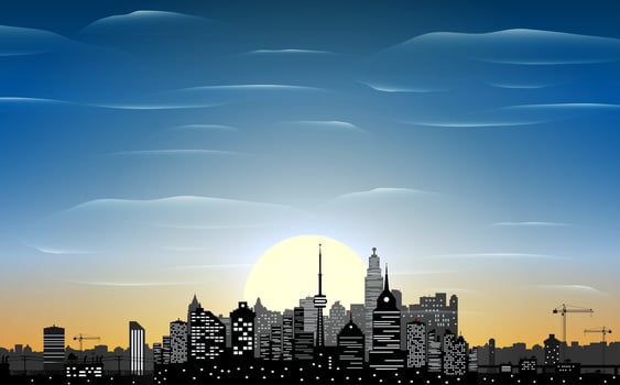 City skyline silhouette at sunset. Skyscappers, towers, office and residental buildings. Cityscape under sky, clouds and sun. Vector illustration