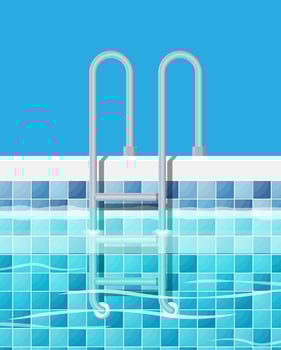 Swimming pool and ladder. Blue tiles and metal ladder. Holiday resort, spa, sport, rest, pool party. Vector illustration in flat style